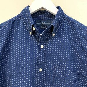 POLO Ralph Lauren Indigo B.D Shirt Classic Fit ポロ ラルフローレン インディゴ ボタンダウン 半袖 シャツ 総柄 三点留め オールド L