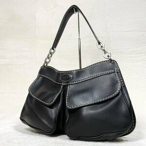 [ beautiful goods rare ] TOD*S Tod's one shoulder stitch shoulder bag handbag black black leather wrinkle leather shoulder .. possibility 