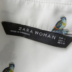 ザラ ZARA WOMAN 程良い透け感で涼し気 ビジュースタッズ付き バードプリントシャツ ブラウス 小鳥 袖2WAY 羽織りにも l0416-14の画像5