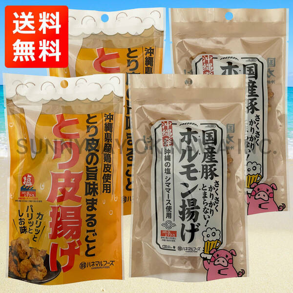 とり皮揚げ ホルモン揚げ 2種類 4袋セット ハネマルフーズ 沖縄県産鶏皮 国産豚モツ 沖縄の塩 シママース お土産 お取り寄せ