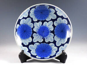 *.* старый Imari белый фарфор с синим рисунком . документ большой орнамент тарелка 33cm идеальный товар Edo период 37kw354