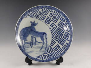 *.* old Imari blue and white ceramics window . deer map . what . writing large ornament plate 42.5. flawless completion goods Edo period 46kw16
