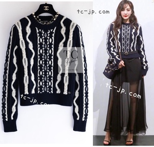  Chanel sweater CHANEL navy ivory wool cashmere cable soft woman super. knitted tops super-beauty goods 34