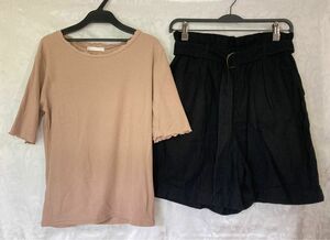 【部屋着セット】エヘカソポ　リブメロウ　カットソー　ML ベージュ 綿混/ ニコアンド　ハーフパンツ　（3）L ブラック　綿100