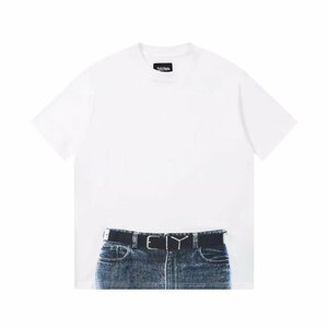 Y PROJECT | JEAN PAUL GAULTIER Denim Print 半袖tシャツ ホワイト 男女兼用 半袖 カットソー ファッション Lサイズ