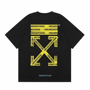 オフホワイト OFF-WHITE 半袖 Tシャツ 男女兼用 ブラック イエロー テープ トップス 夏 カットソー Lサイズの画像1