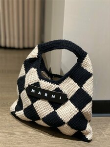 マルニ【MARNI】 MARNI MARKET ダイヤモンド バッグ Diamond Crochet ミニバッグ クロシェ ニット バッグ ブラック×ベージュ