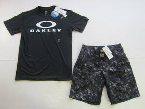 新品◆オークリーOAKLEY 半袖 Tシャツ & ショート パンツ M 黒 迷彩 抗菌防臭 UVカット 吸汗速乾 4WAYストレッチ スポーツ ジョギング /L