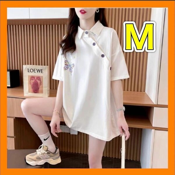 襟付きTシャツ 半袖 蝶々 レディース 大きめ 夏服 白 シャツ