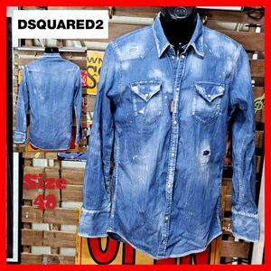 Dsquared2　ディースクエアード　ストレッチ　ダメージ加工　デニム　ウエスタンシャツ　48 L　アメカジ　ロック