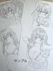 同人　手描きイラスト　A4 女子高生　制服脱ぎかけ① ４枚セット　オリジナル　モノクロ　鉛筆画　少女　パンチラ