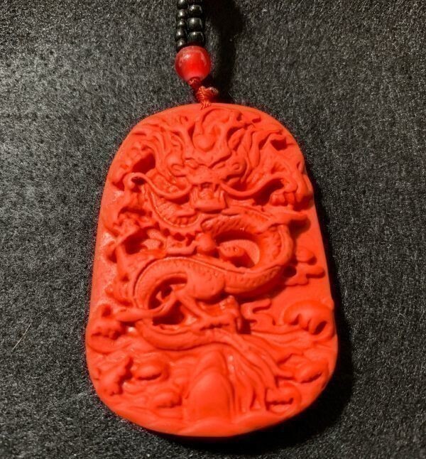 [Premio Fortona] Red Dragon Crimson Dragon Pendant Amulet Heavy Red Dragon Carved in Vermillion Sand Comes with 63cm Bead Chain L403224A2, accessories, clock, handmade, others