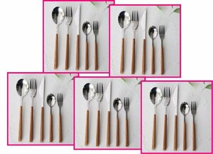 [ free shipping : cutlery :25ps.@]*5ps.@x5 set :kchi paul (pole) manner * temperature ... exist wood grain * Brown :tina-: spoon, Fork, steak knife 