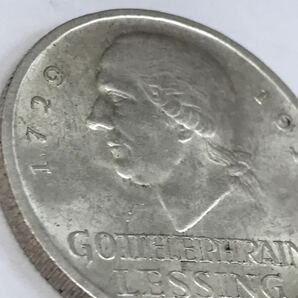 1円〜 1929年 E？ ドイツ ワイマール共和国 レッシング生誕200年 記念3マルク銀貨 3ライヒスマルク銀貨 ムンデンヒュッテン？の画像1