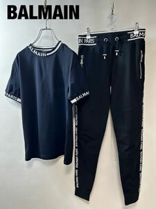 HH0015★10 高級 美品 BALMAIN バルマン ロゴ セットアップ 半袖 カットソー Tシャツ バイカー スウエット パンツ 白黒 サイズXS ZIP men's