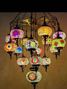 ガラス工芸品 シャンデリア 天井照明トルコランプ　職人手作り　カラーガラス　吊り下げ、飾り16灯式
