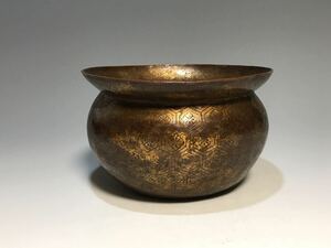 コレクター旧蔵品 銅地塗金 刻花文水指 茶道具 時代物