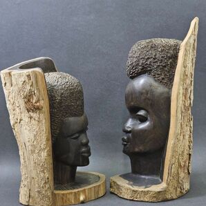 4-248-80 アフリカンアート マスク 木彫 彫刻 頭像2点まとめて★ アフリカ民芸 民族美術 プリミティブアート ヴィンテージ 置物の画像4