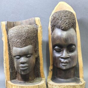 4-248-80 アフリカンアート マスク 木彫 彫刻 頭像2点まとめて★ アフリカ民芸 民族美術 プリミティブアート ヴィンテージ 置物の画像1