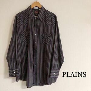PLAINS /メンズ2X ウエスタンシャツ 長袖シャツ トップス ストライプシャツ 二つポケット アメカジ 古着 大きいサイズ