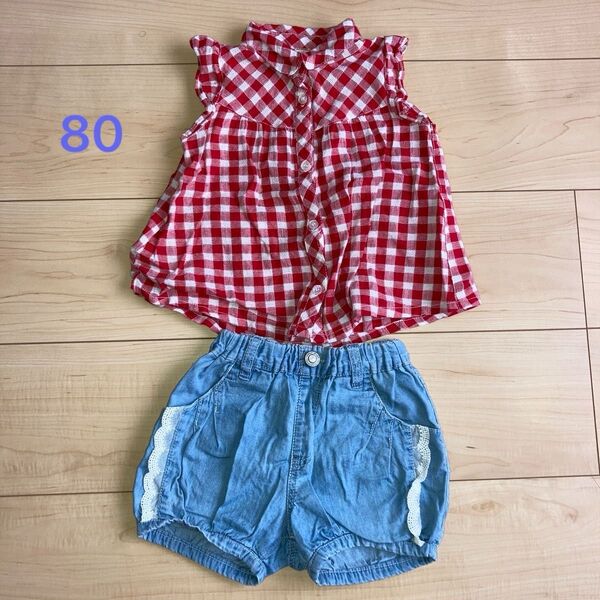 美品 ノースリーブシャツ チェック 80 セラフ デニム ショートパンツ レース 80