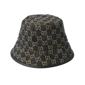 【1円開始】銀蔵 中古 GUCCI グッチ バケットハット 帽子 GG柄 サイズM ネイビー系 GGデニムキャンバス ハット ランクAの画像1