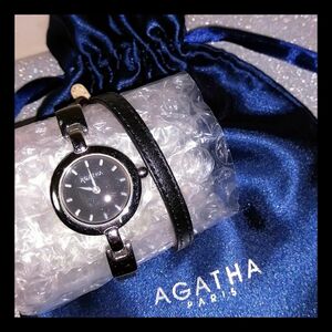 【値下げ不可】AGATHA PARIS アガタ 腕時計 ブレスレット 二重 本革 ベルト ブラック×シルバー