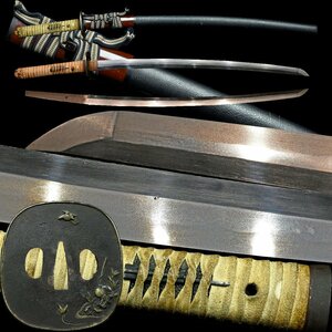 【昊】湾れ刃 柾目肌 刃渡り61.8cm 金象嵌釣り人鳥図鍔 扇子図目貫 刀剣武具[GD52Bi]