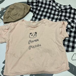 anggo 韓国子供服　チェックシャツ　パンダtシャツ　ベレー帽