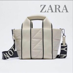 ZARA ザラ テキスト トートバッグ ショルダーストラップ付 ベージュ