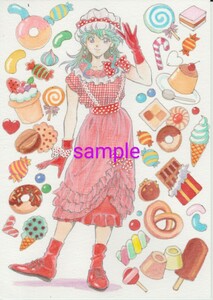 オリジナル手描きイラスト　透明水彩　女の子　少女　A5サイズ　「お菓子」