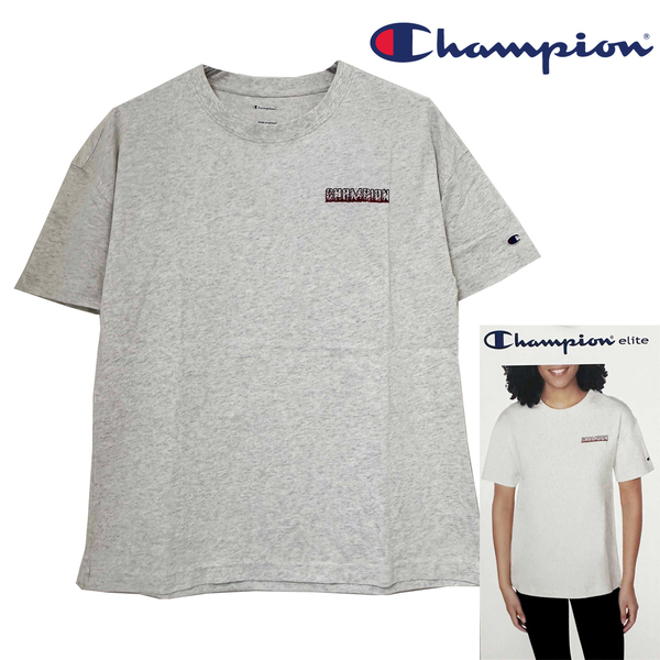 新品 M ★ Champion チャンピオン レディース 半袖 Tシャツ ライトグレー ヘザー クルーネック ロゴ コットン 綿 ボーイフレンド ルーズ