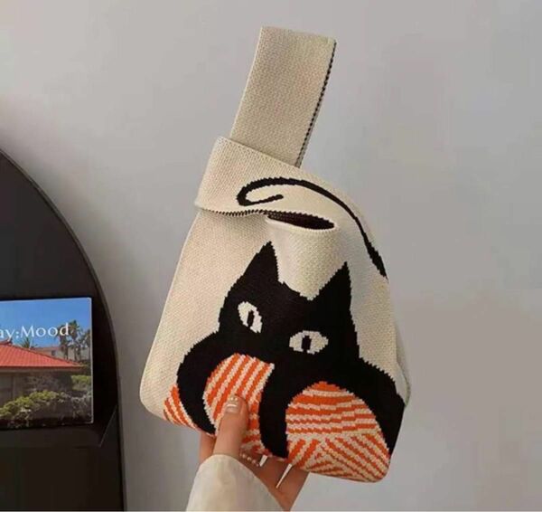 【新品　未使用】 猫ちゃん ランチバッグ ミニバッグ ニット ハンドバッグ サブバッグ トートバッグ 韓国 猫 可愛い エコバッグ
