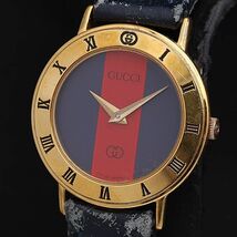 1円 稼働 グッチ GUCCI 3000 青/赤 GPベゼル レザ−ベルト QZ レディース腕時計 KMR 3856000 3BJY_画像1