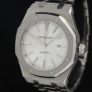 1円 稼動 良品 HOLUNS QZ SS 白文字盤 シルバー オクタゴン ロイヤルオーク型 メンズ腕時計 KMR 6406000 4MGY