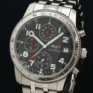 1円 稼働 良品 QZ ANA クロノグラフ デイト 黒文字盤 メンズ腕時計 OKZ 6725000 3ETY