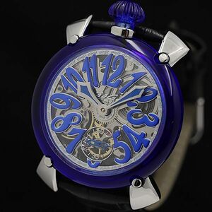 1 jpy operation beautiful goods GaGa Milano Manuale 48 6090 reverse side ske blue skeleton face smoseko hand winding round men's wristwatch NSY 3797000 4NBG2