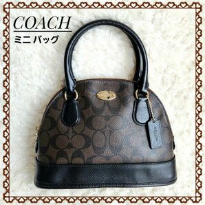 極美品 COACH コーチ☆ シグネチャー PVC キャンパス レザー ミニ ハンドバッグ ミニボストン ブラウン ブラッグ