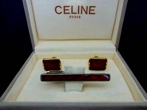 ■美品■№0169 セリーヌ【ＣＥＬＩＮＥ】【ゴールド・レッド】■カフス＆ネクタイピン タイピン セット♪