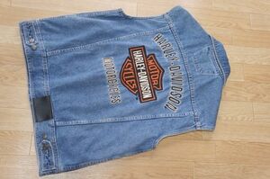 J354　即決　良品　Harley-Davidson ハーレーダビッドソン　ユーズド加工　デカ刺繍 デニムベスト　Gジャン　M