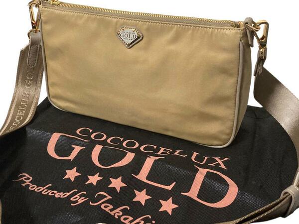 送料無料 ほぼ新品 使用感少 美品 バッグ ショルダー COCOCELUX GOLD ベージュ ココセリュクス ゴールド 緑 ナイロン 皮 保存袋