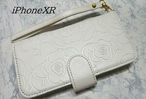 カメリア バラ 手帳型スマホケース iPhoneXR 用 ホワイト 白色