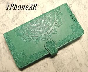 手帳型 iPhoneXR 用 ケース 浮彫曼荼羅 グリーン 薄緑