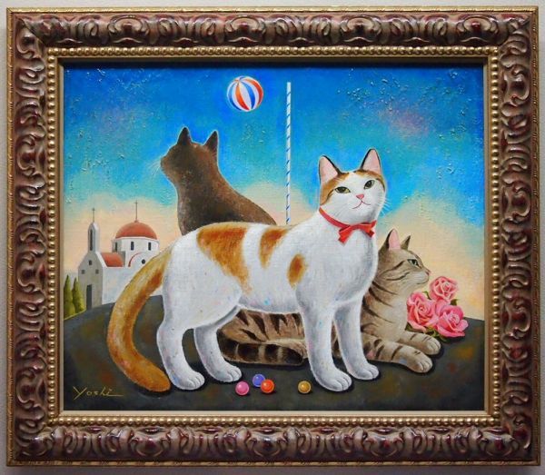 [Authenticity Guaranteed] Yoshiyasu Minami Untitled Three Cats Oil Painting No. 8 Animal Painting Children's Artist Cute Work Cat Calico Cat Contemporary Children's Art Award Winner Musashino Art University PIC-188, painting, oil painting, animal drawing