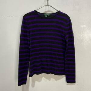 * free shipping *RalphLauren* border shirt * long sleeve cut and sewn * ribbed cotton * black purple ru*S*D24M