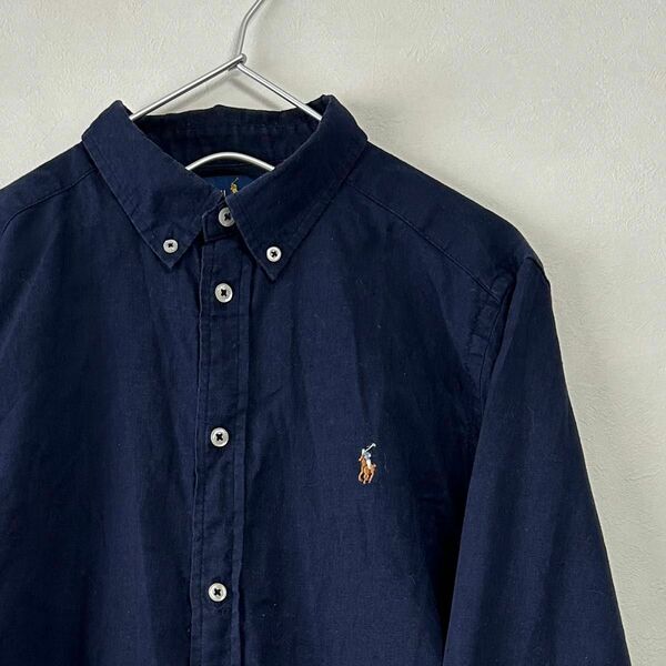 美品 90s POLO Ralph Lauren 麻混 長袖BDシャツ ネイビー