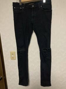 ヌーディージーンズ タイトロングジョン W33 L32 ブラック ダメージ加工　スキニー Nudie Jeans デニム ストレッチ 