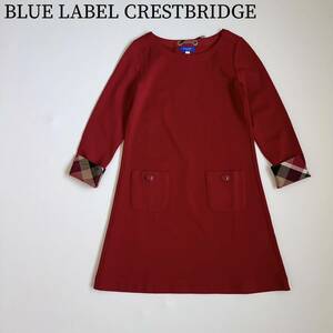 美品 BLUE LABEL CRESTBRIDGE ブルーレーベルクレストブリッジ フレアワンピース 膝丈　チュニックワンピース 袖チェック　リボン装飾