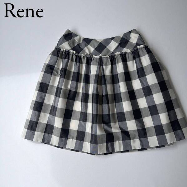 美品 Rene ルネ フレアスカート タックチェックスカート 膝丈 TISSU社製生地 ボトムス レディース