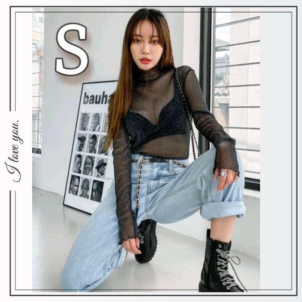 DAZY レタストリム モックネック メッシュトップス シアー ブラック S 黒 長袖